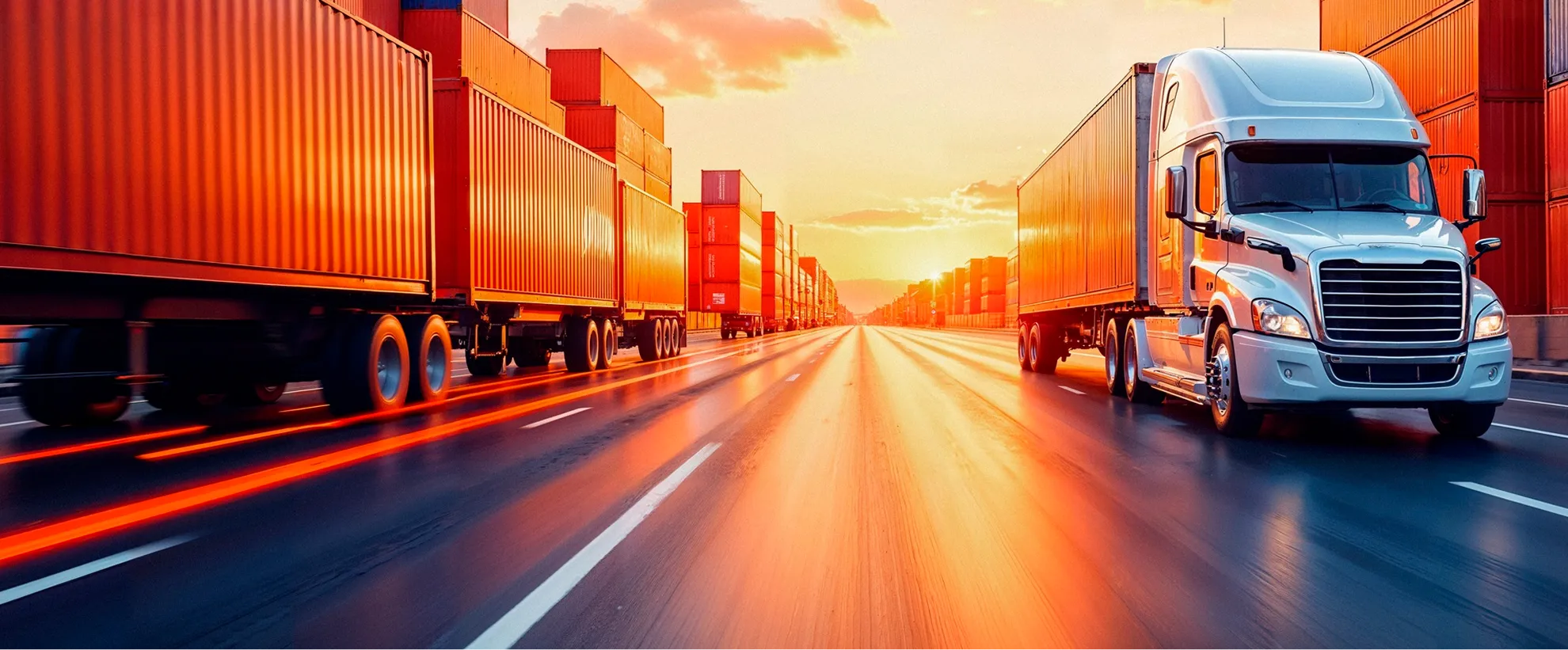 Semi-trucks moving along a container-lined corridor